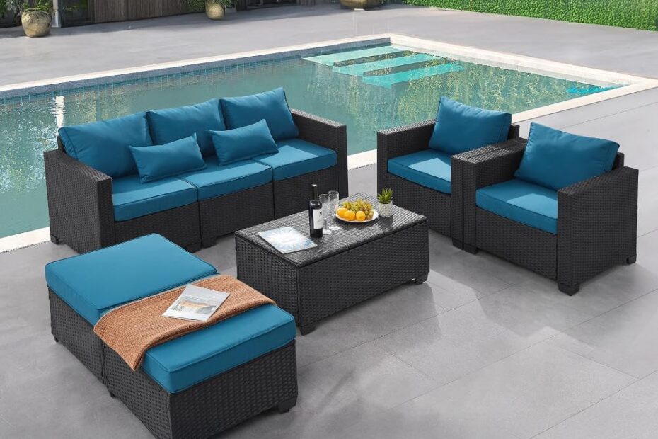 Transform Your Patio with the Stylish 6-Piece Peacock Blue Rattan Furniture Set!