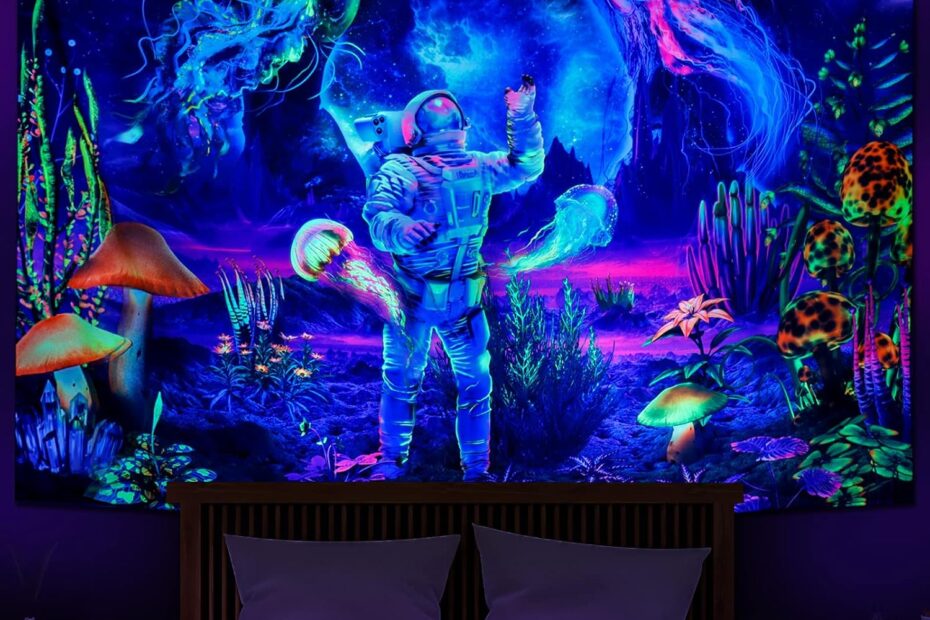 Transform Your Space with the Heopapin Trippy Blacklight Astronaut Jellyfish Tapestry!