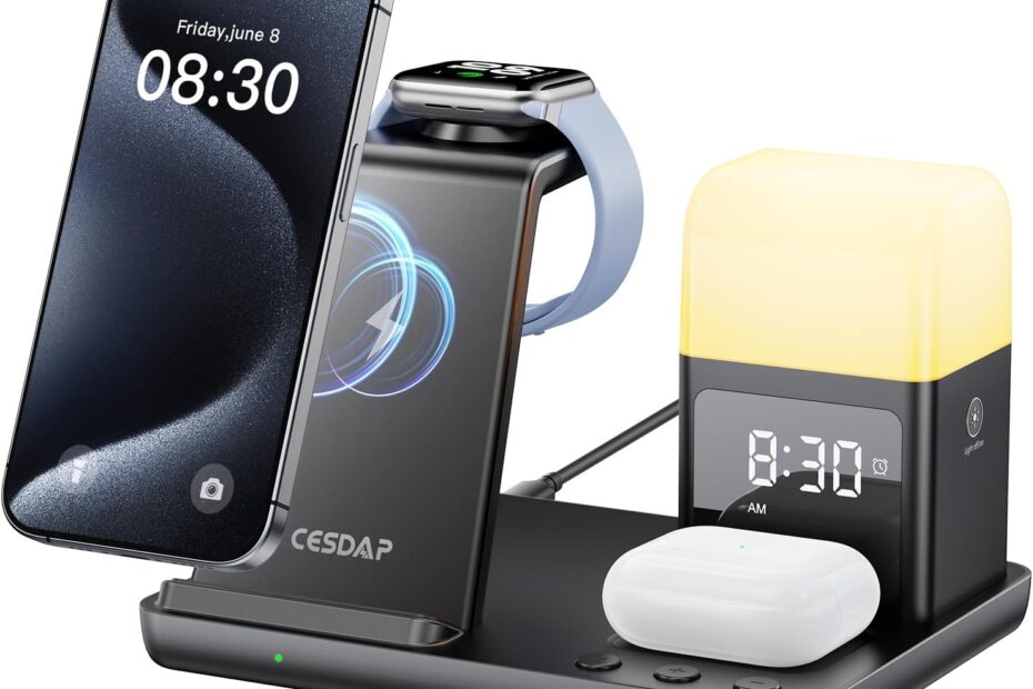 Ultimate 6 in 1 Wireless Charging Station: The Perfect Nightstand for All Your Apple Devices!