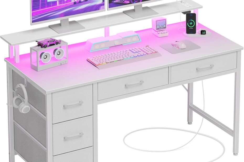 Transform Your Workspace: Seventable 47" Computer Desk Review with Power Outlets & LED Light
