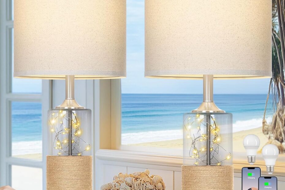 Illuminate Your Space: 25" Coastal Glass Lamps - Modern Elegance with Touch Control & USB Ports!