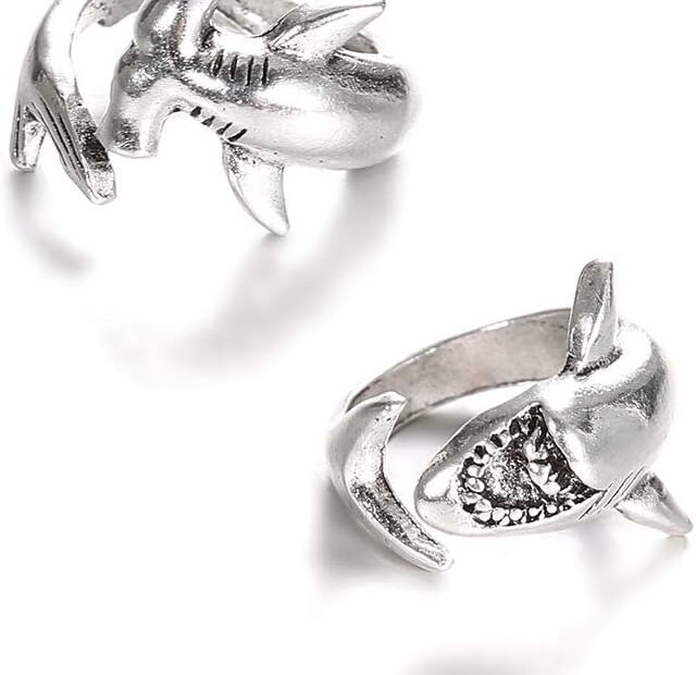 Dive into Style: Explore the 2pcs White Shark & Hammerhead Shark Rings Necklace!